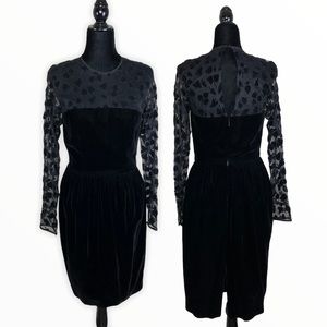 80’s Mesh Long Sleeve Black Velvet Midi Dress